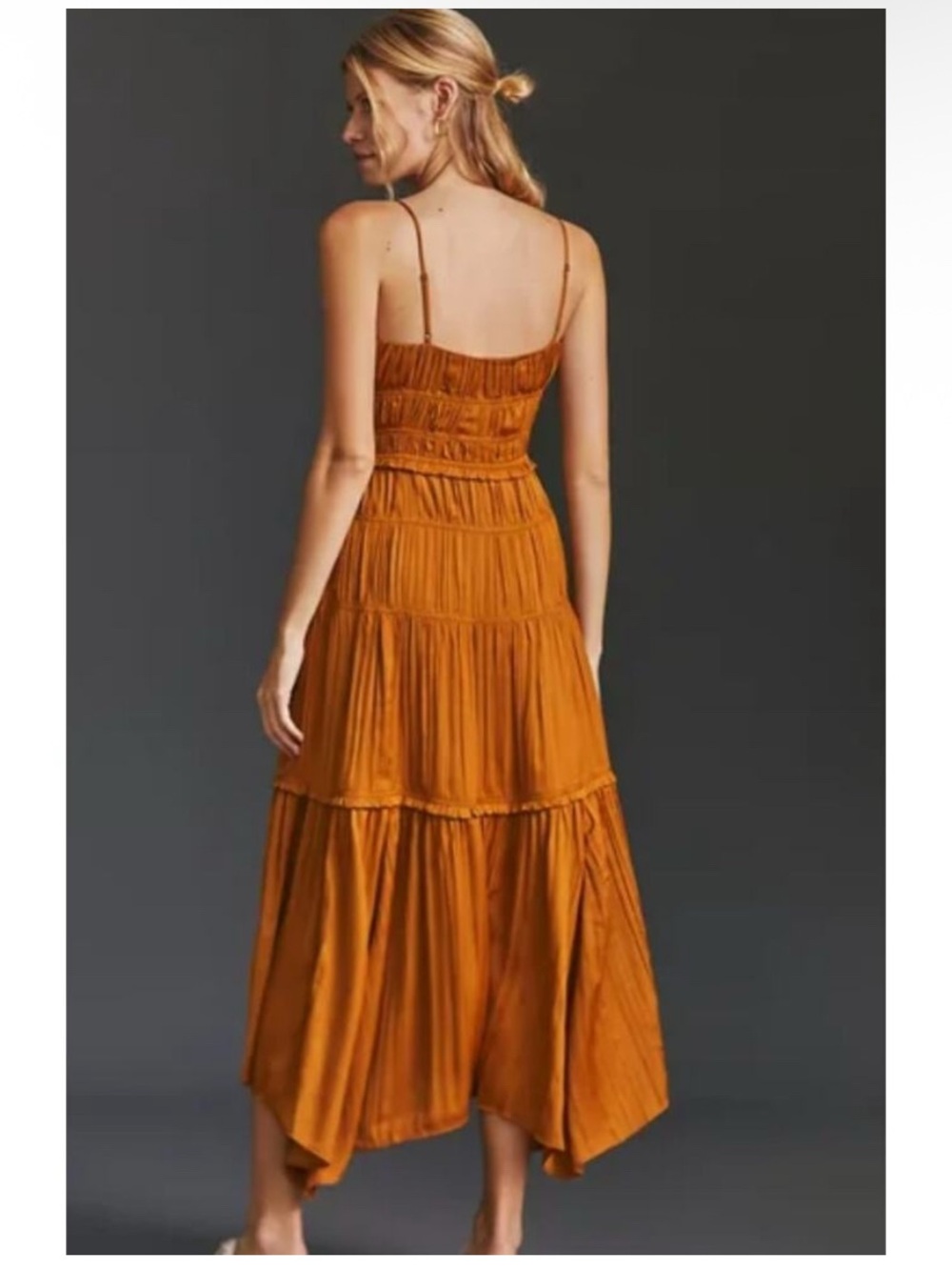 Anthropologie Gold Rust Ruched Tiered Satin Slip Milkmaid Cottage Dress- 4 - Picture 2 of 7